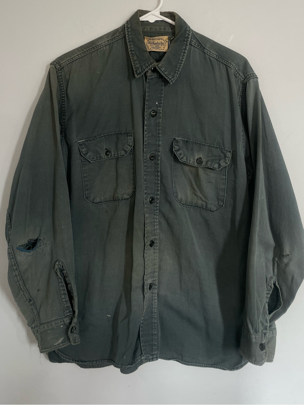 Vintage Patched Old Kentucky Washed Olive Green Men's Shirt